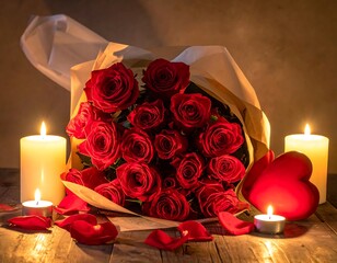 Romantic display Red roses, candles, and heart on wooden surface