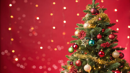 Fototapeta premium A beautifully adorned Christmas tree stands tall, featuring shiny ornaments and sparkling lights. 