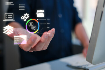 Businessman holding virtual AI dashboard with data analytics and infographics in his hand. Concept of futuristic technology, smart data digital business transformation