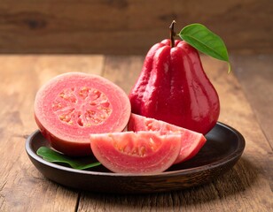 Rose apple, sliced, with leaf, in a wooden bowl against a wood background