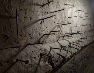 Rustic stone wall with numerous long nails protruding at various angles