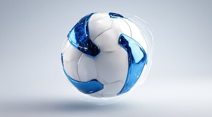 Futuristic soccer ball, white with vibrant blue accents, hovering in a studio setting