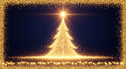 Abstract Christmas Tree of Golden Glitter Particles Topped with a Bright Star, Surrounded by a Sparkling Frame and String Lights on a Dark Blue Background Creating a Luxurious Festive Border