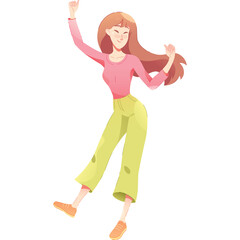 Joyful Woman Dancing With Long Flowing Hair Wearing Pink Long Sleeve Shirt and Loose Yellow Pants With Sneakers Isolated on Transparent Background Dynamic Pose Expressing Happiness