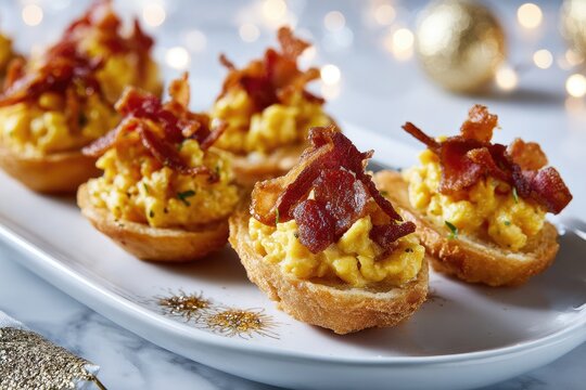 Crispy bacon atop creamy scrambled eggs, served on toasted bread bites. Festive holiday lights in background