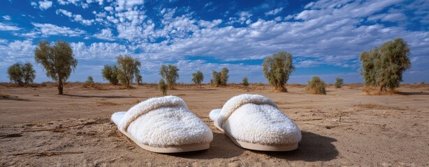 White slippers resting on sandy desert floor beneath a vibrant blue sky dotted with fluffy clouds. Small desert trees are scattered across the landscape