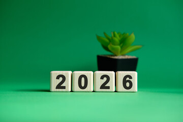 New year 2026 concept. Plain green background text with a plant