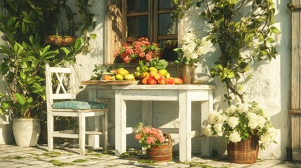Fototapeta premium Summer Serenity: White Table with Fruits and Flowers by the House