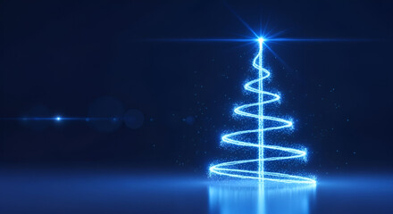 Abstract Christmas Tree Formed by a Winding Spiral of Bright Neon Blue Light and Sparkling Particles, Topped with a Star Burst, Standing on a Reflective Surface Against a Dark Background