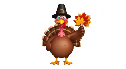 Happy Thanksgiving Day. Cartoon turkey in a pilgrim hat keeps the autumn leaves, PNG