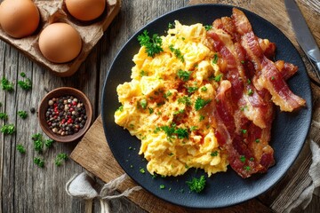 Scrambled eggs and bacon on a plate. Fresh eggs, crispy bacon strips, and scrambled egg mixture are arranged on a dark plate. Fresh herbs and spices complete this breakfast dish
