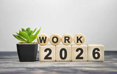 New year Work 2026 concept. Wooden cubes on a blue background with a plant
