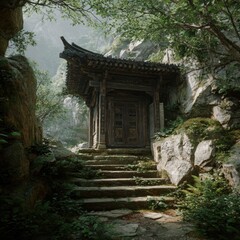 Ancient Asian temple nestled in a mountainside, shrouded in lush greenery