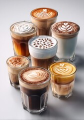 Various coffee drinks in clear glasses, artfully arranged