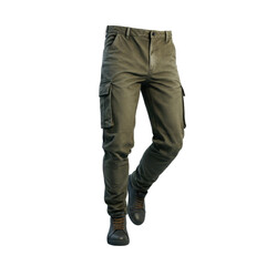 A detailed studio shot of green cargo pants with boots, isolated on a transparent background. The pants feature multiple pockets and a textured fabric, paired with rugged lace-up boots.