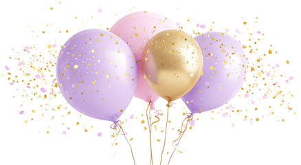 Three pastel balloons, gold confetti