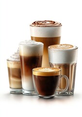 Variety of coffee drinks in clear glasses, showcasing layered drinks and foam artistry