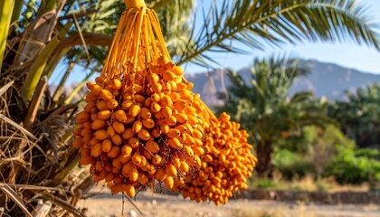 Ripening Yellow Dates Hanging in Bunches on Palm Tree