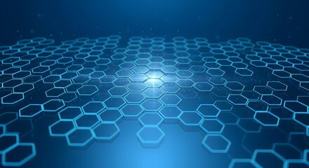 Abstract futuristic background featuring glowing blue neon hexagonal grid structure, representing data flow, digital network, and technological connection.
