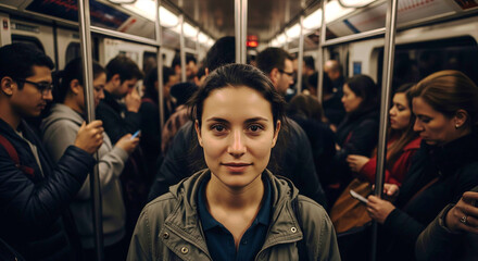 Young woman with dark hair pulled back gazes directly at the camera while riding a crowded subway train with blurred passengers around her