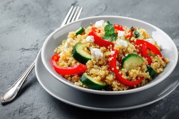 A vibrant quinoa salad on a gray plate, featuring colorful vegetables and feta cheese