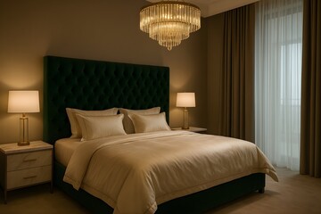 Opulent Master Bedroom with Tufted Emerald Headboard and Crystal Chandelier