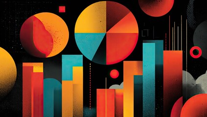 Abstract graphic design featuring overlapping circles, pie charts, and vertical bars in vibrant colors against a dark background