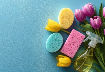 Spring cleaning supplies.  Colorful sponges and spray bottle arranged with tulips on a light blue background