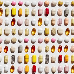 A grid pattern of various pills and capsules in a spectrum of colors, arranged on a light gray surface.  Each pill is clearly visible, with subtle shadows cast beneath