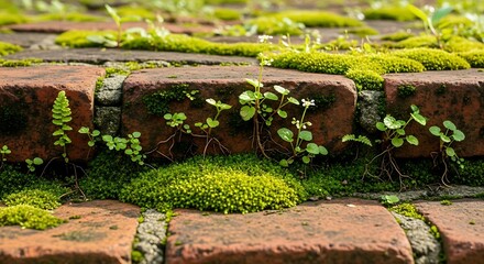 Moss and Plants Growing on Old Brick Wall.