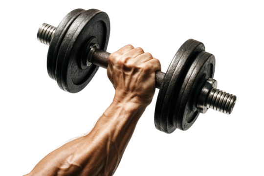 Muscular Man Holding Black Dumbbell With Textured Grip In Dramatic Lighting