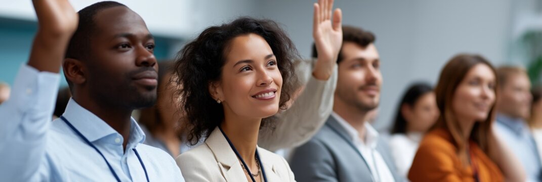 Diverse audience engaged in seminar with smiling participants