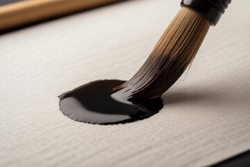 和紙に墨をにじませる筆先のクローズアップ