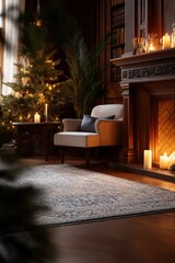 Obraz premium Cozy christmas living room with armchair, fireplace, and decorated tree
