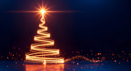 Abstract Christmas Tree Formed by a Vibrant Orange Golden Light Spiral and Bright Star Topper on a Reflective Ground with Sparkling Dust and Bokeh Against a Dark Blue Background