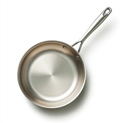 High-angle, overhead view of a round, stainless steel skillet.  Empty, polished surface.  Modern, simple design.  Smooth, reflective finish
