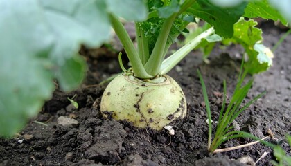 Kohlrabi Growing in Garden Soil Fresh Healthy Plant Close up Macro Shot
