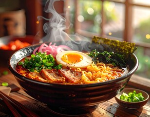 Steaming bowl of ramen with egg, meat, seaweed, and green onions