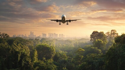 Airplane landing over lush green forest at sunrise