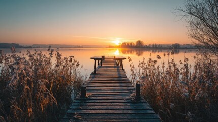 Obraz premium Golden Tranquility: Sunset Over a Frosty Lake Pier