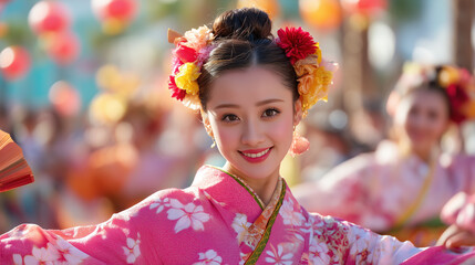 Joyful Celebration A Young Woman in Traditional Kimono at the Ohara Festival, Japan, Embraces the Vibrant Spirit of Japanese Culture and Festivities