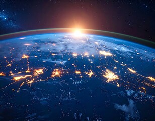 Stunning view of Earth from space, with sunrise and city lights