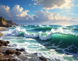Stunning seascape, waves crashing on a sunlit beach under a blue sky