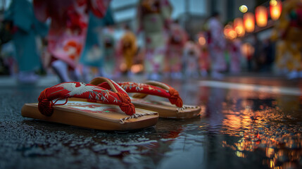 Traditional Japanese Geta sandals on wet cobblestones, a quintessential scene from the vibrant Ohara Festival in Japan, evoking cultural heritage and festive spirit