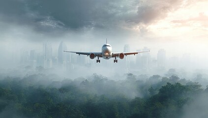 Jetliner descends over foggy city and jungle