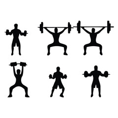 Set of 13 weightlifting vector silhouettes: athletes lifting barbells, Dumble, training, and competing. Perfect for sports, fitness, and strength illustrations