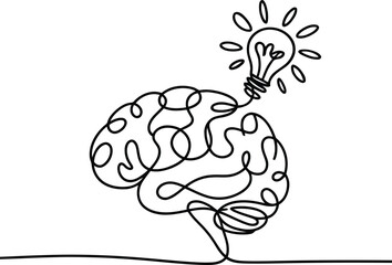 Minimal continuous line drawing of brain with light bulb symbol representing creativity, innovation, and smart idea concept