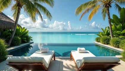 Luxury poolside loungers with ocean view and palm trees in paradise  