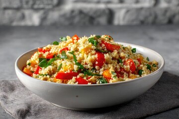 A bowl of couscous salad, vibrant colors, and fresh herbs