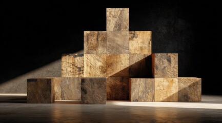 Stacked wooden cubes, sunlit display